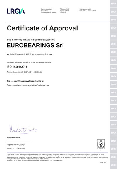 Eurobearings ISO 14001:2015 Environmental Management System Certificate of Approval