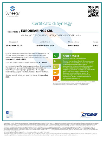 Eurobearings Synesgy ESG Sustainability Certificate and Supply Chain Rating