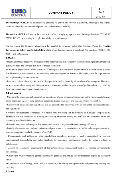 Politique officielle d'entreprise Eurobearings - Normes de qualité, environnement et sécurité